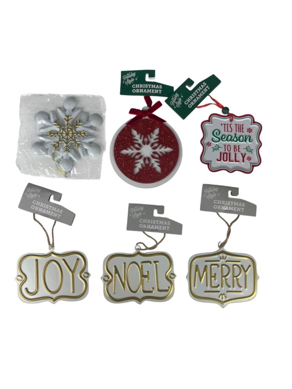 Holiday Style 6 Pc Christmas Ornaments Set Joy Noel Merry Tin Hanging